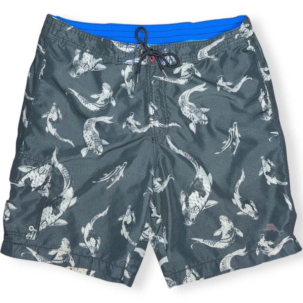 Tommy Bahama Men's Large Swim Trunks Black White Koi Fish All Over Pattern Board